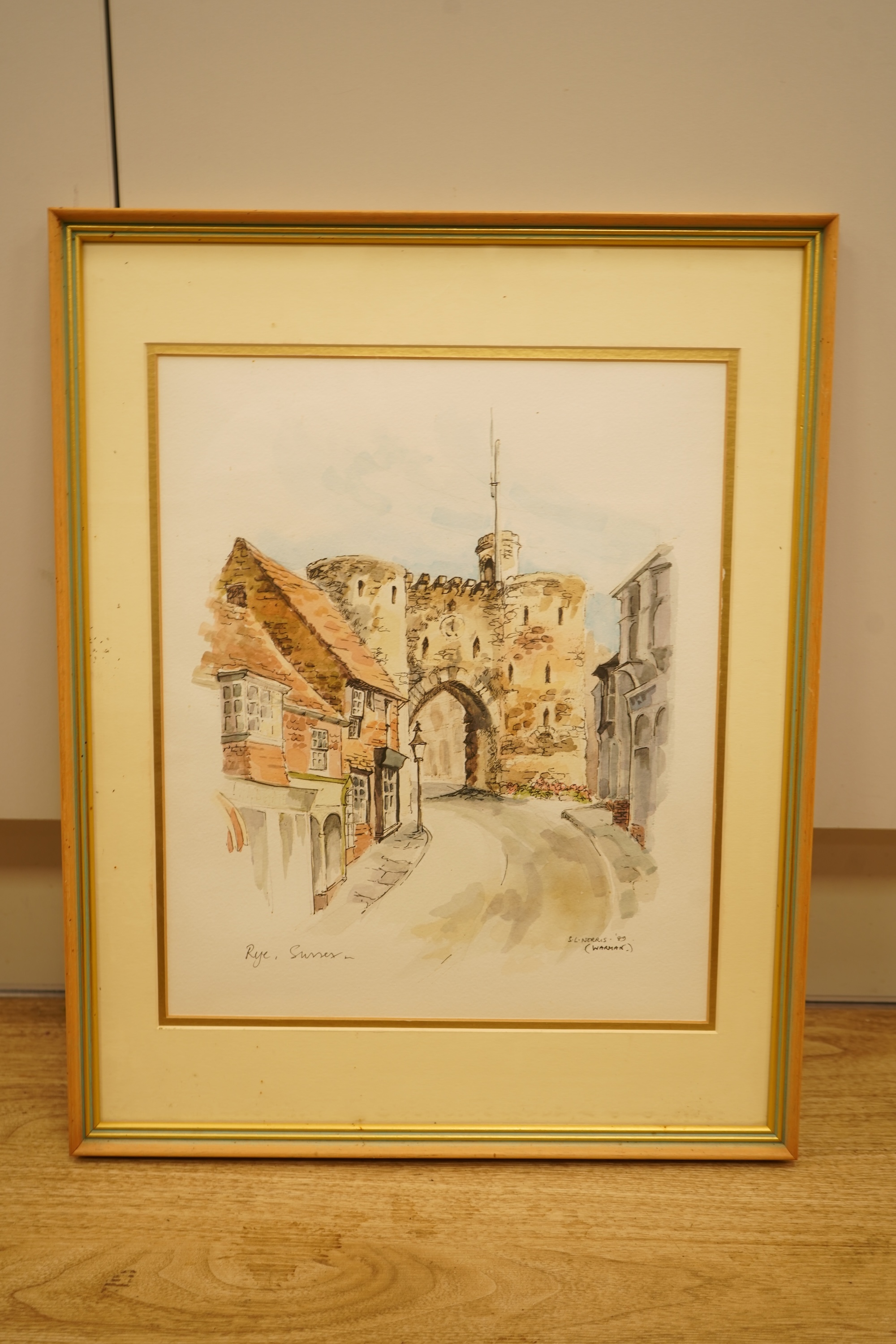 A collection of mostly prints and some watercolours to include an ink and watercolour, Coastal view with boats, Rye, Sussex street scene, Study of leaves and Study of birds, each framed